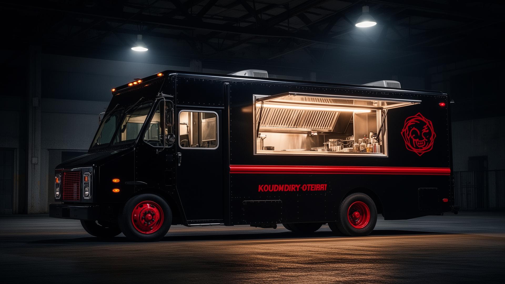 Custom black food truck under industrial lighting